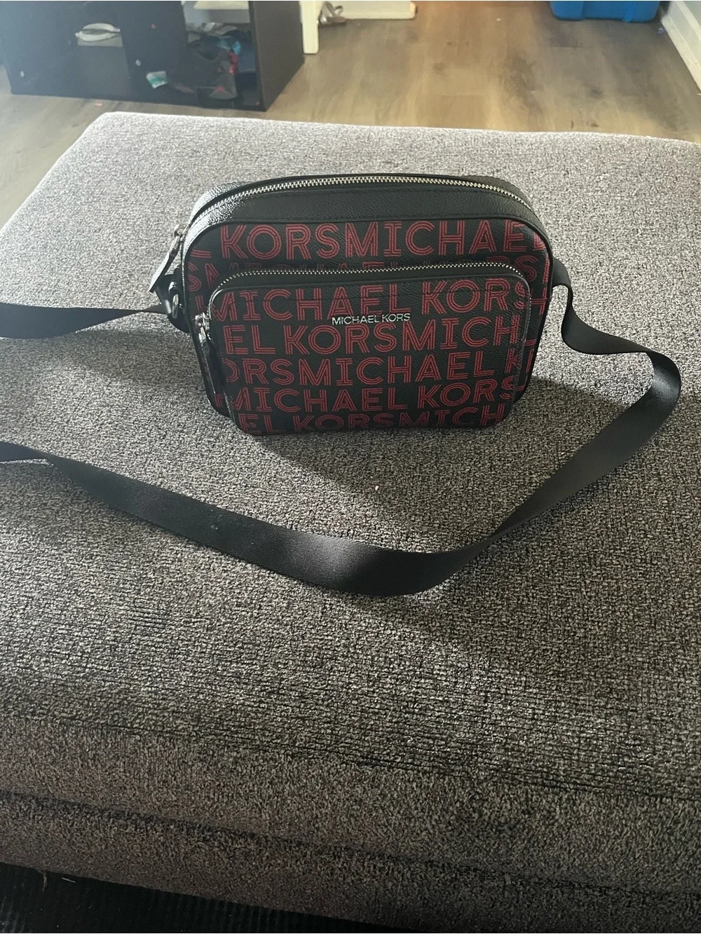 Michael Kors Black Crossbody with Red Logo Print Allover